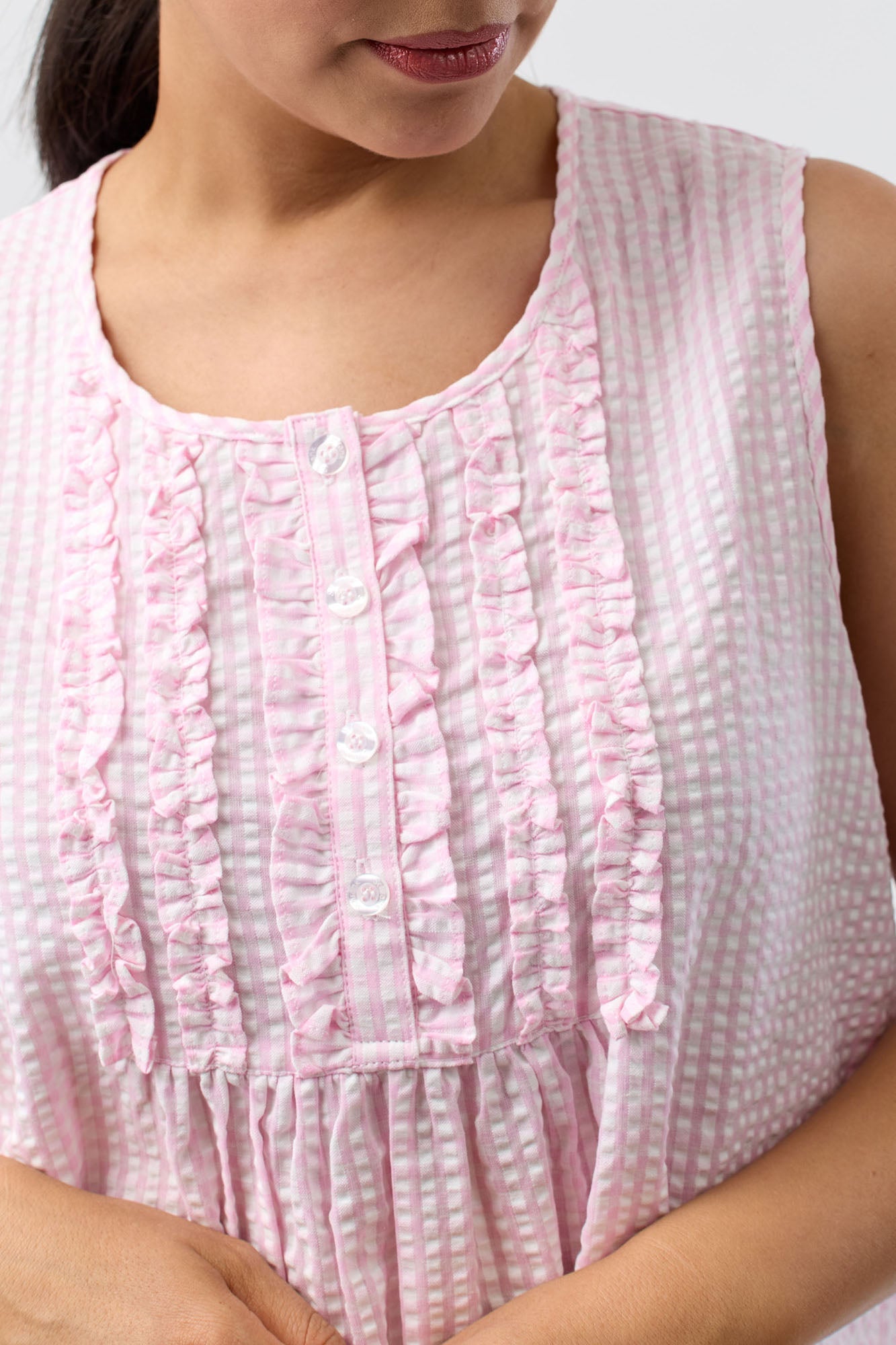 SEERSUCKER CHECK SLEEVELESS NIGHTIE PINK - SK807C5