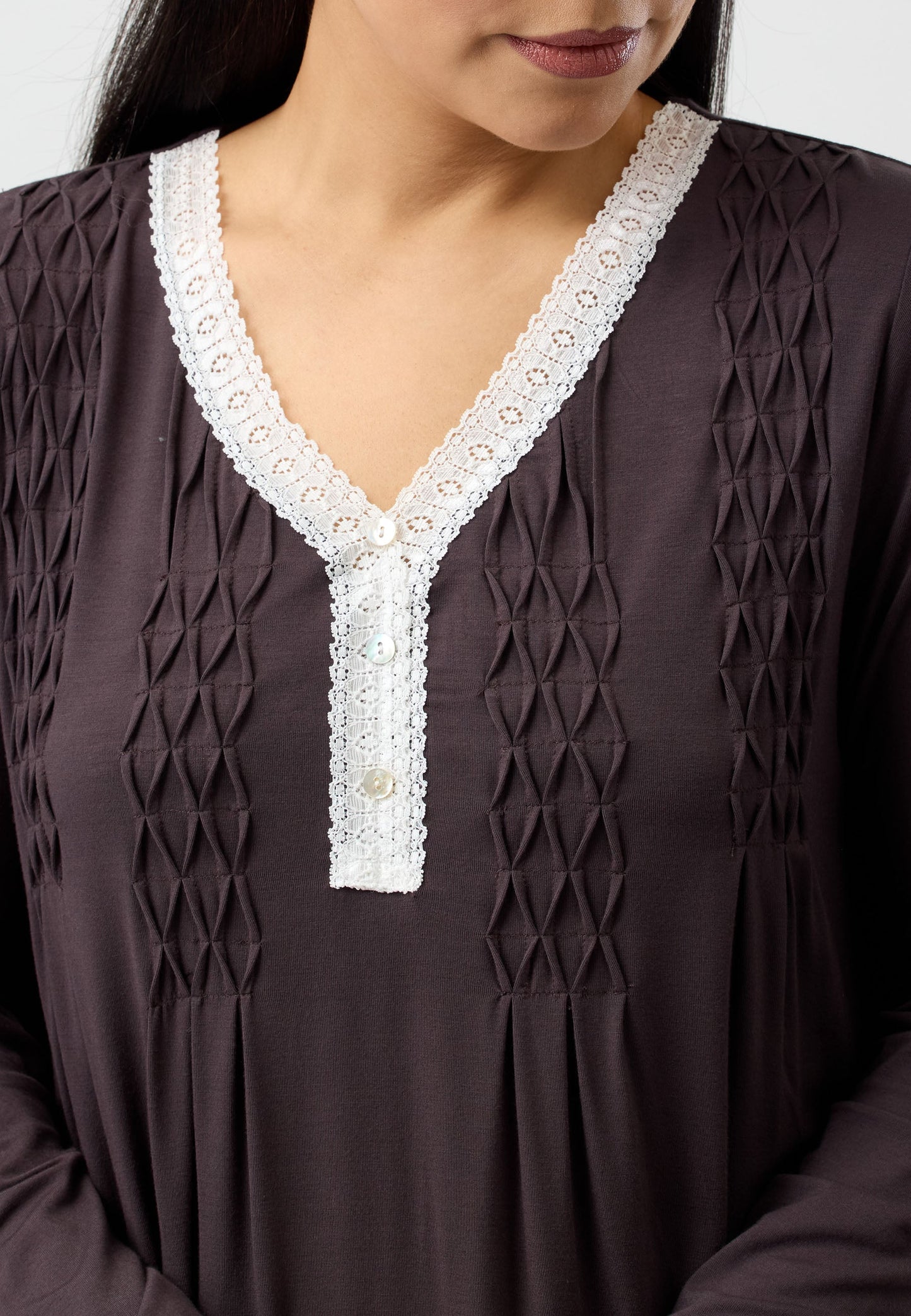 LACE SMOCKING NIGHTIE CHOCOLATE - Y330PL