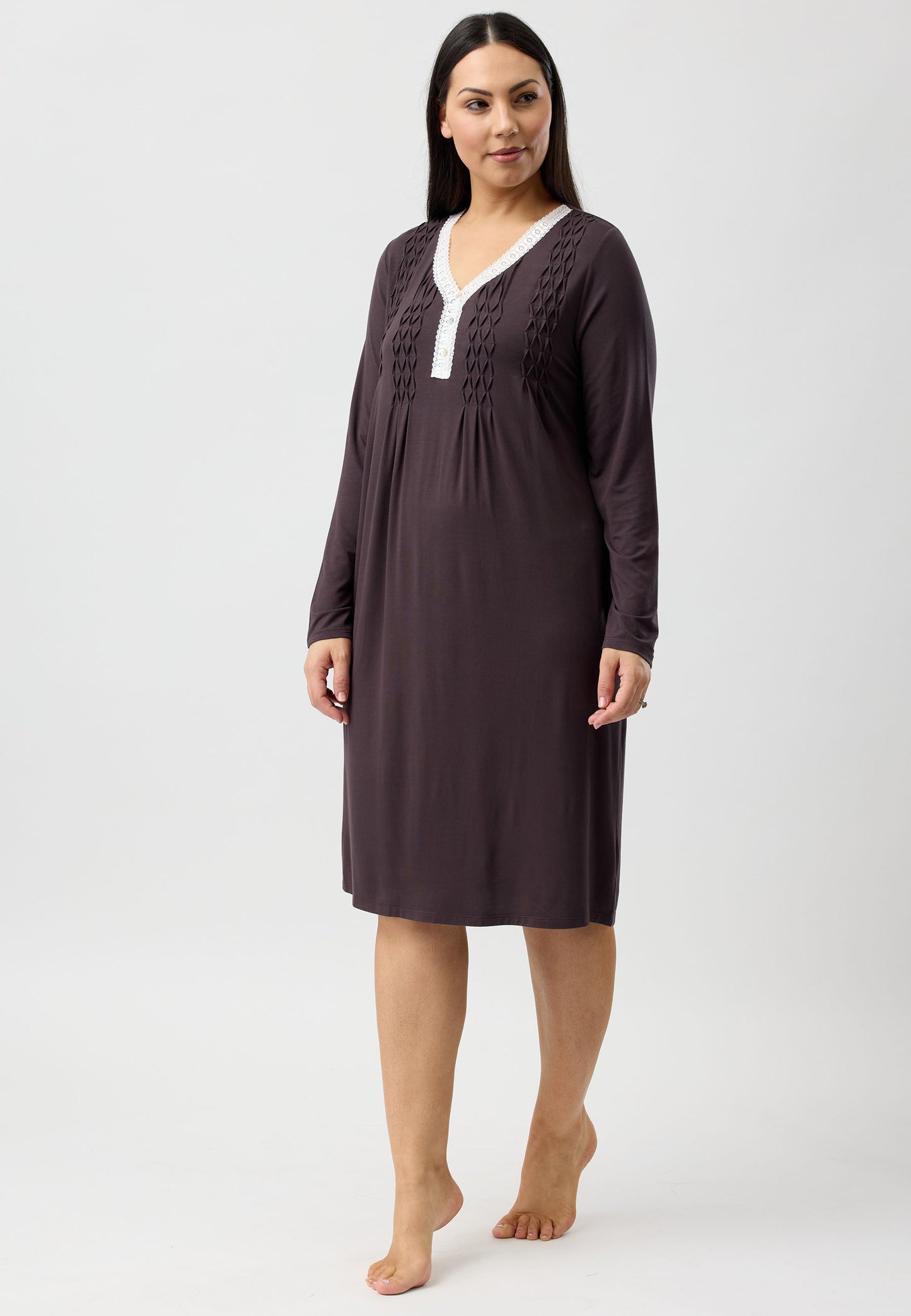 LACE SMOCKING NIGHTIE CHOCOLATE - Y330PL