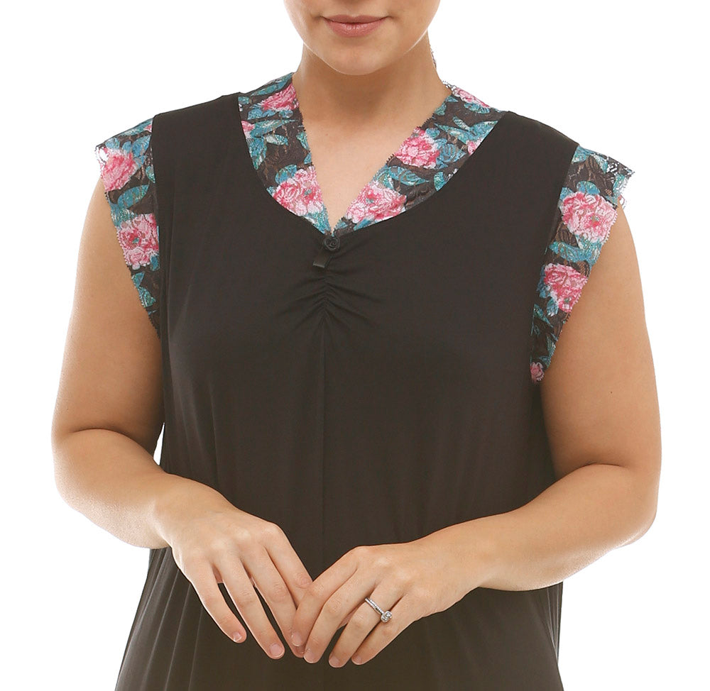 SLEEVELESS ROSE LACE NIGHTIE BLACK - Y452