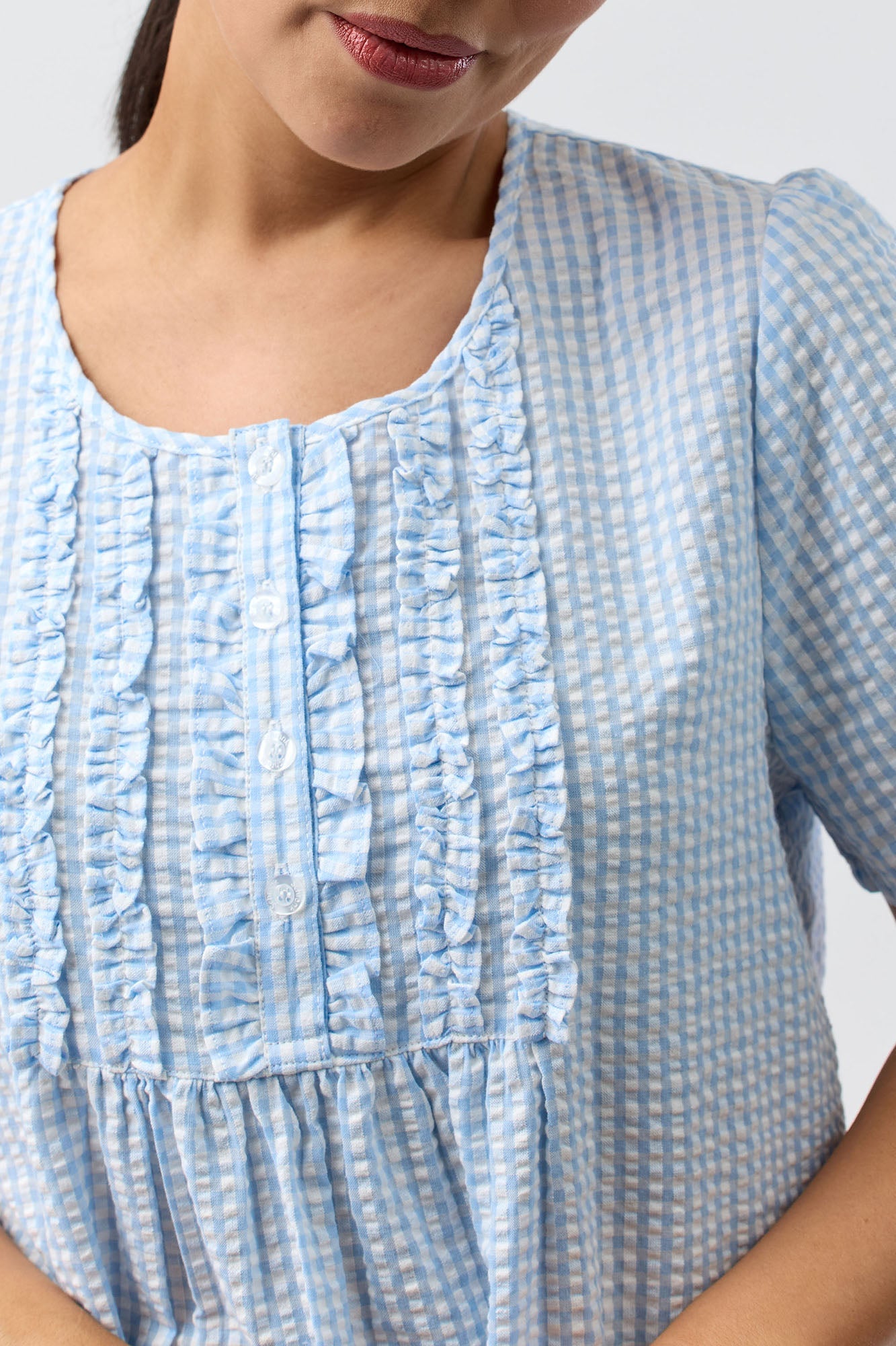 SEERSUCKER CHECK NIGHTIE BLUE - SK707C5