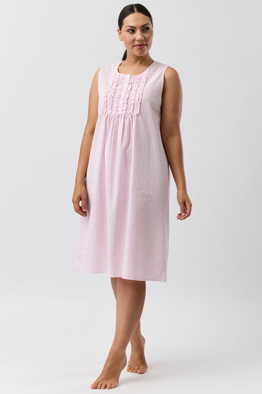 SEERSUCKER CHECK SLEEVELESS NIGHTIE PINK - SK807C5