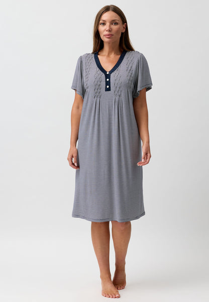 STRIPE SMOCKING NIGHTIE NAVY - Y345S6