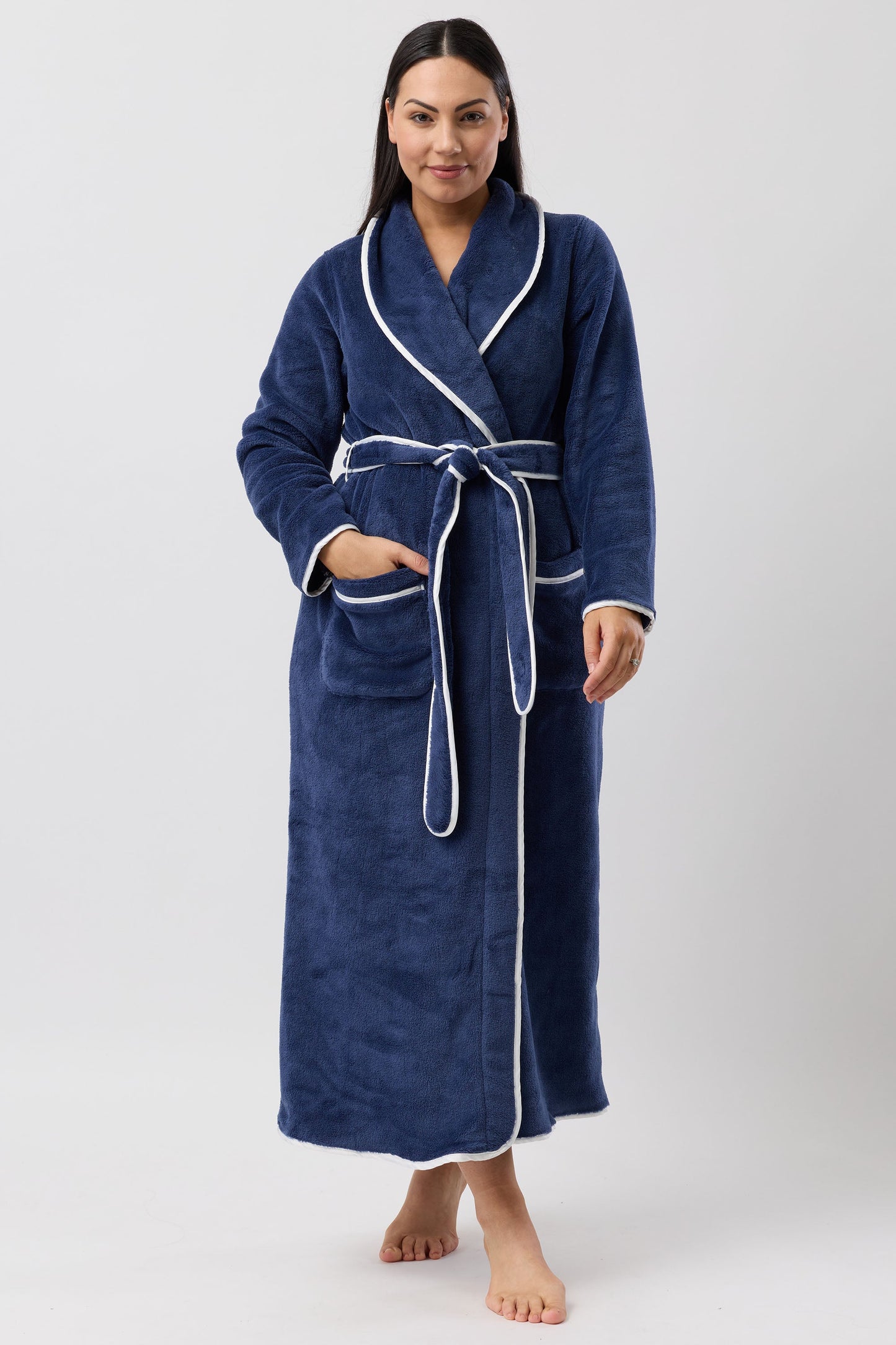 SATIN TRIM ROBE NAVY / IVORY - Y806